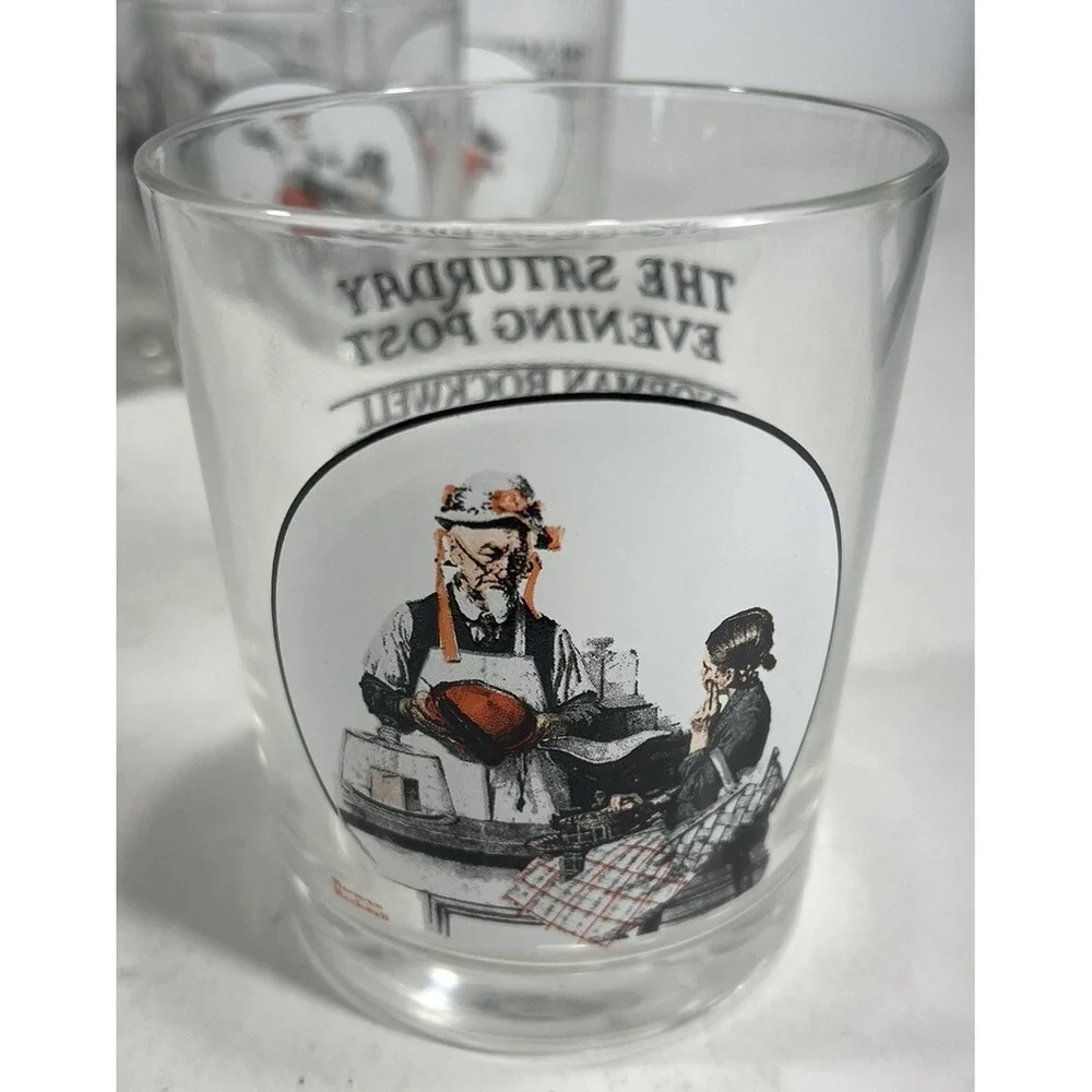 Lot of 7 Norman Rockwell The Saturday Evening Post Whiskey Bar Glasses Vintage